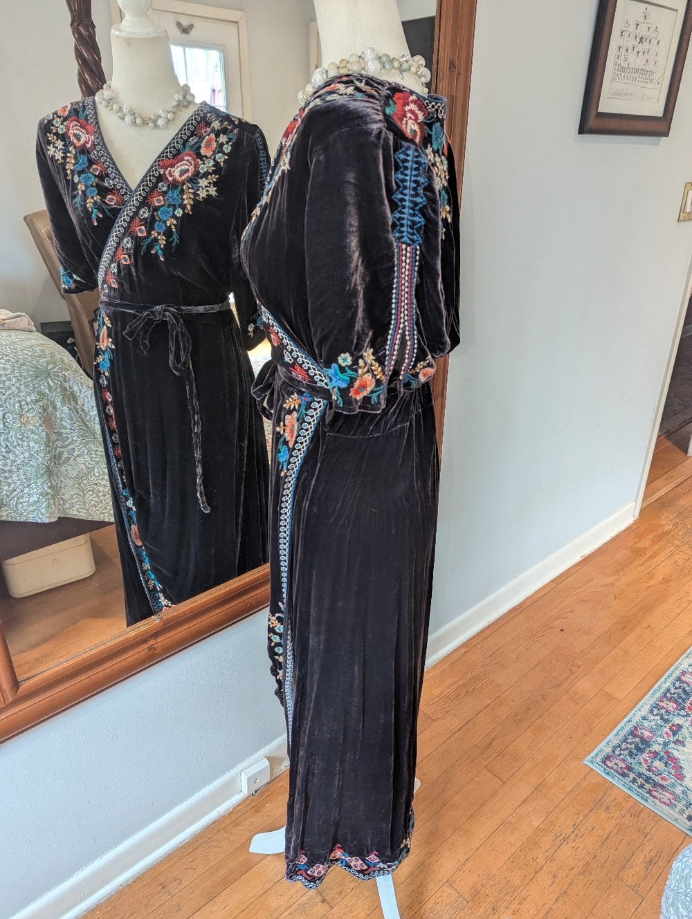 Johnny Was Black Velvet Embroidered Wrap Maxi Dress - Picture 4 of 11